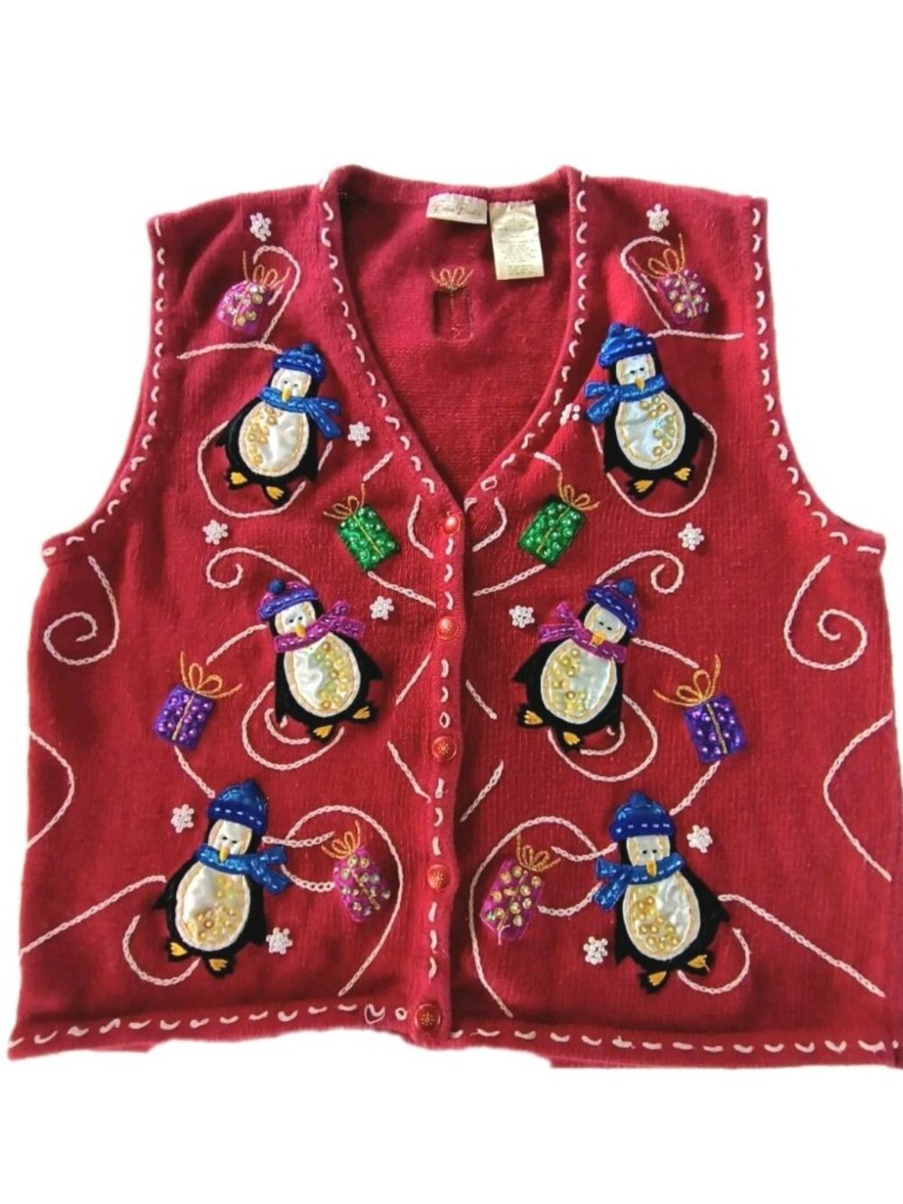 Bobbie Brooks Women Vintage 90s Red Penguins Sweater Vest Winter Size XL EUC